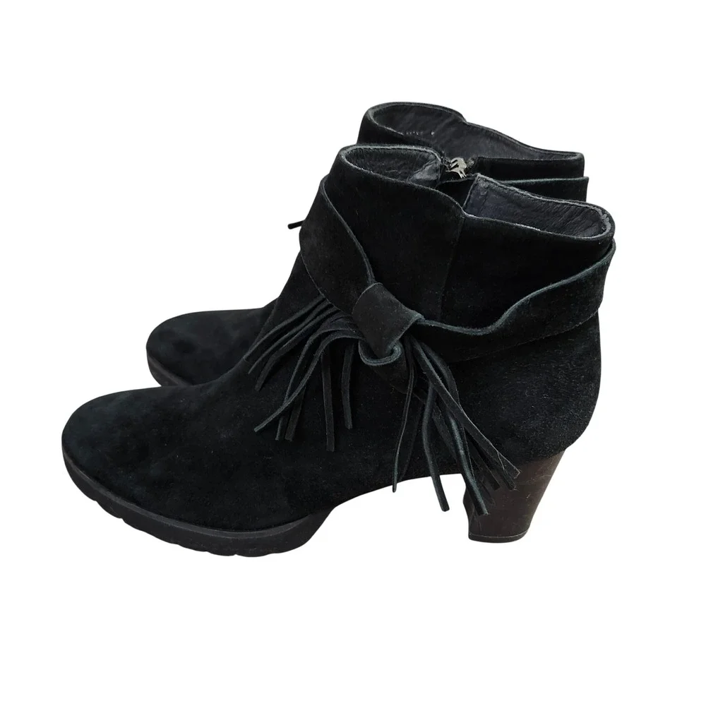 Sacha London Black Suede Tie Fringe Heeled Ankle Boots Side Zip‎ Women Sz 9